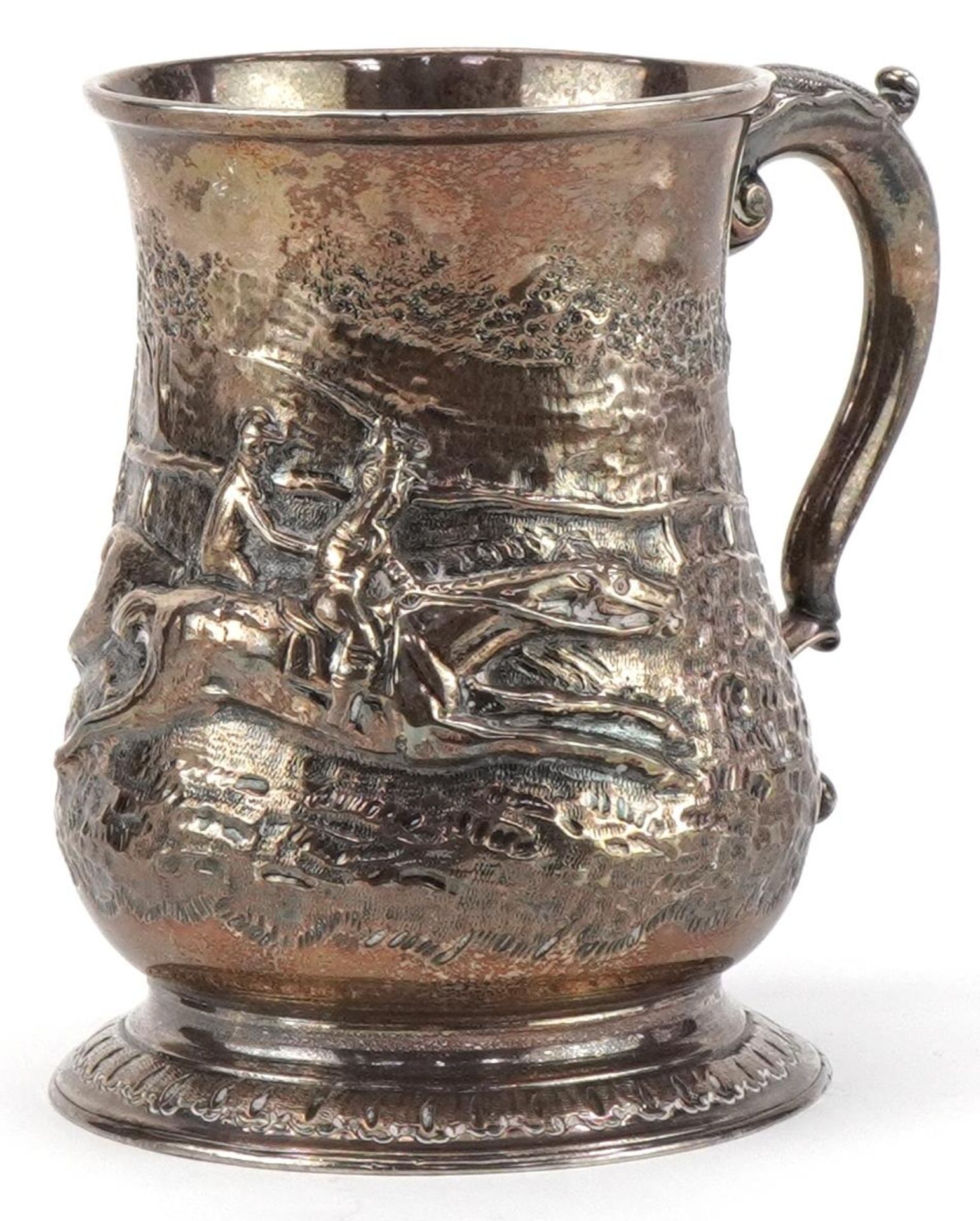 George II silver tankard embossed with jockeys on horseback inscribed For Captain Stephen