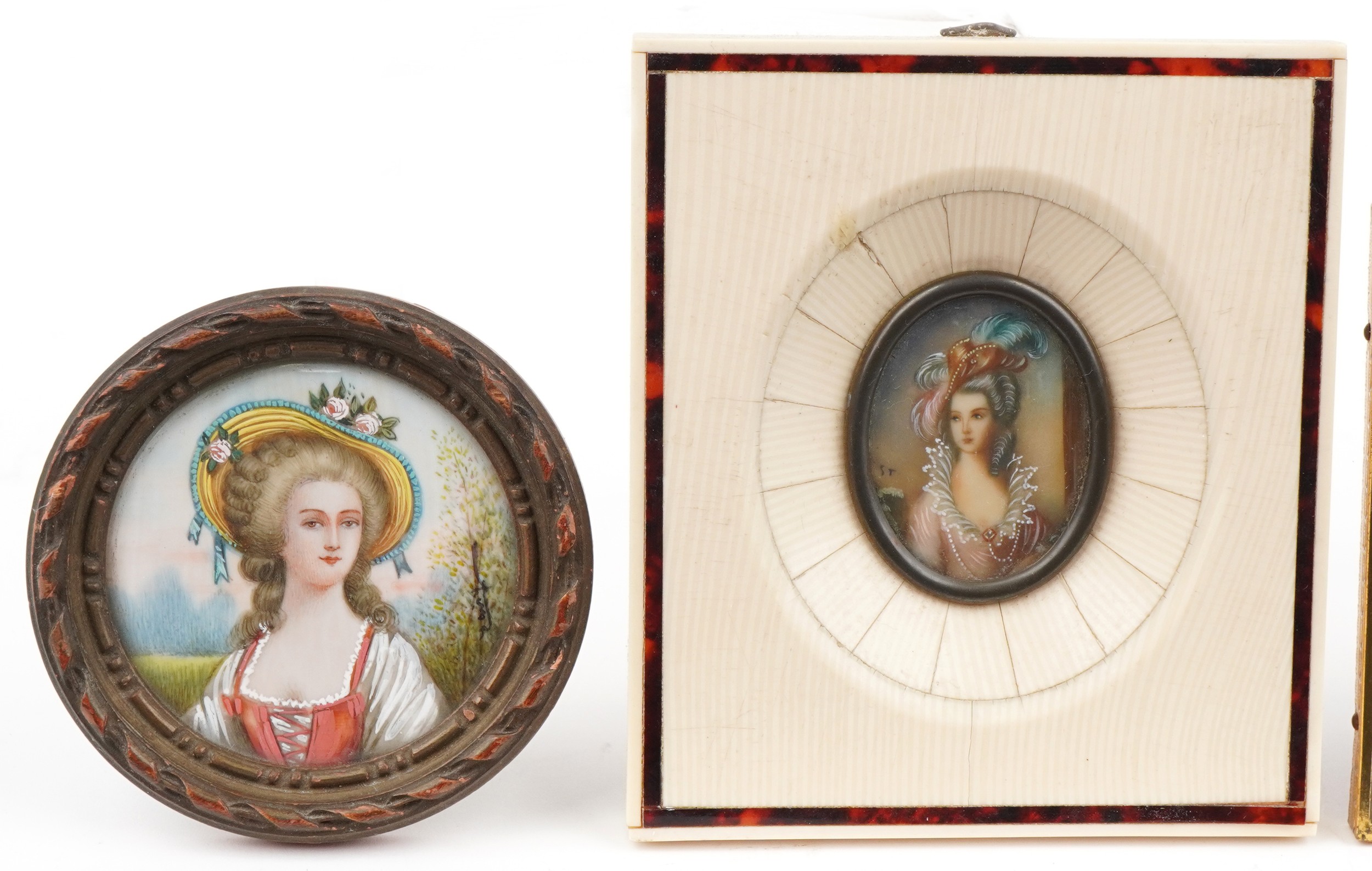 Four hand painted portrait miniatures including an oval example of two young females holding a - Image 2 of 6