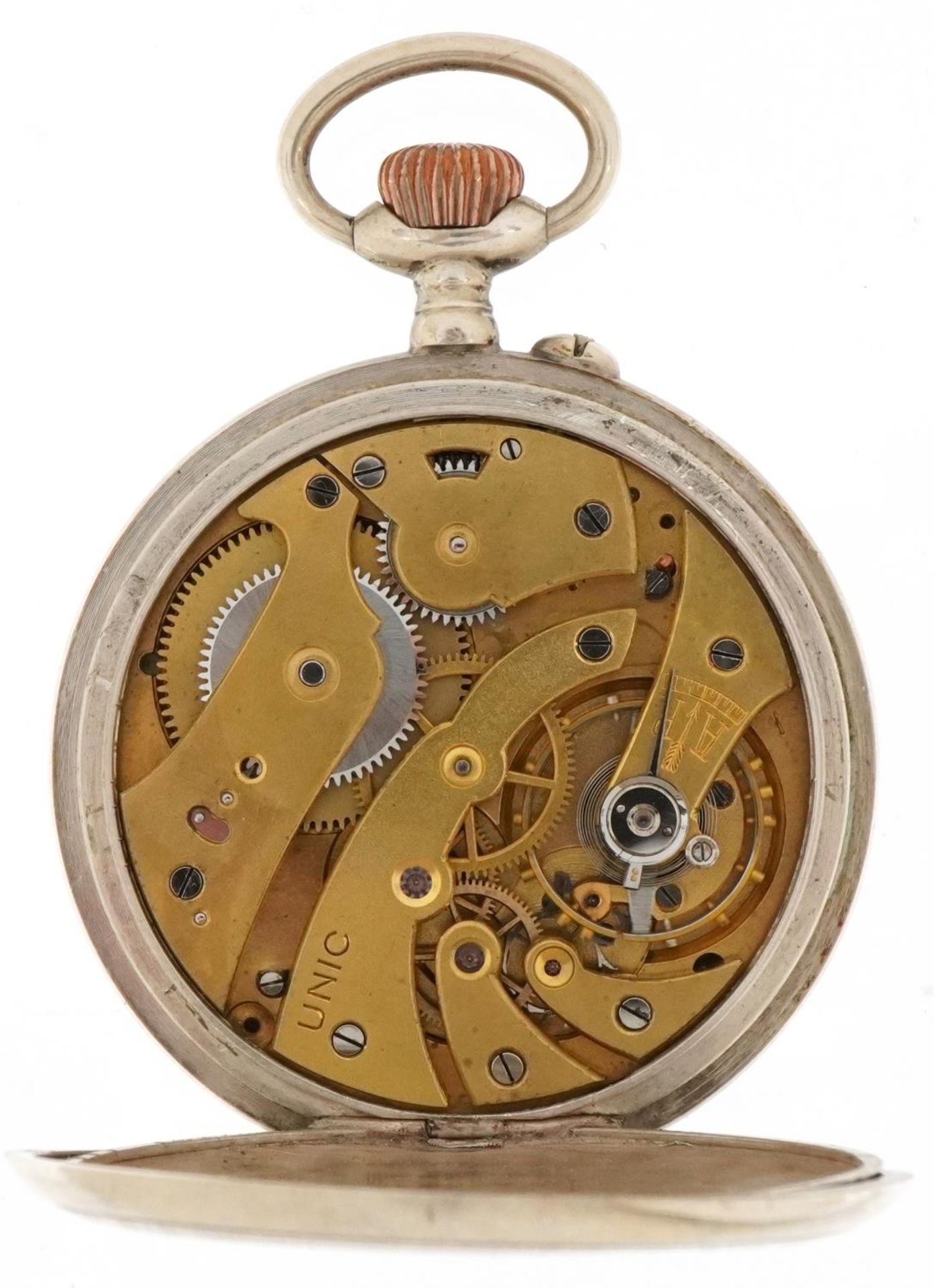 Unic, French Art Deco open face keyless pocket watch having enamelled and subsidiary dials with - Image 3 of 5