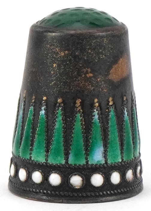 Marius Hammer, Norwegian 930S sterling silver and enamel thimble with green hardstone top and box, - Image 3 of 5