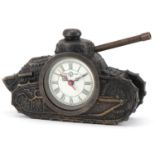 Novelty bronzed clock in the form of a military tank, 15cm in length
