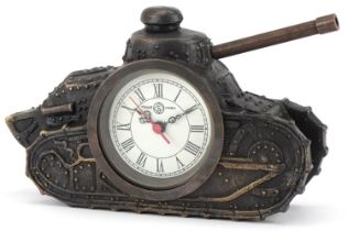 Novelty bronzed clock in the form of a military tank, 15cm in length