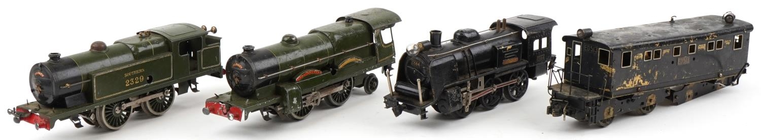 Tinplate clockwork railway trains for Southern Railway 2329 The Lord Nelson and an American style