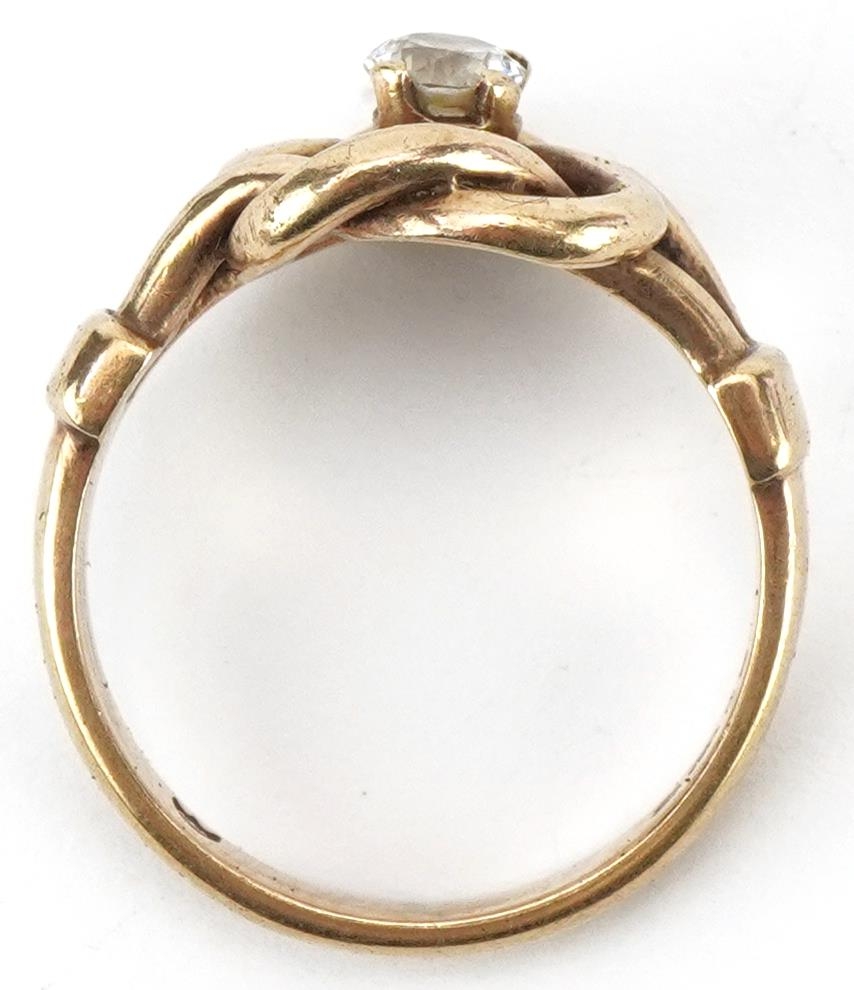 9ct gold knot design ring set with a clear stone, size P, 5.2g - Image 3 of 5