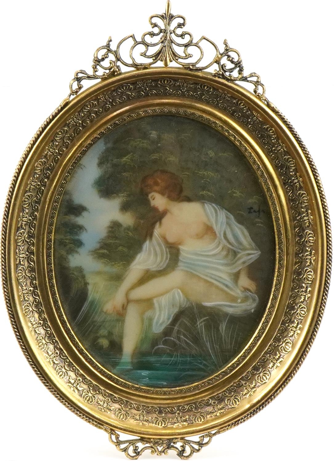 Oval Pre-Raphaelite style portrait miniature of a scantily dressed maiden, housed in an ornate brass - Image 2 of 3