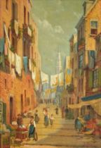 F Temaro - Continental street scene, European school heightened watercolour, mounted framed and