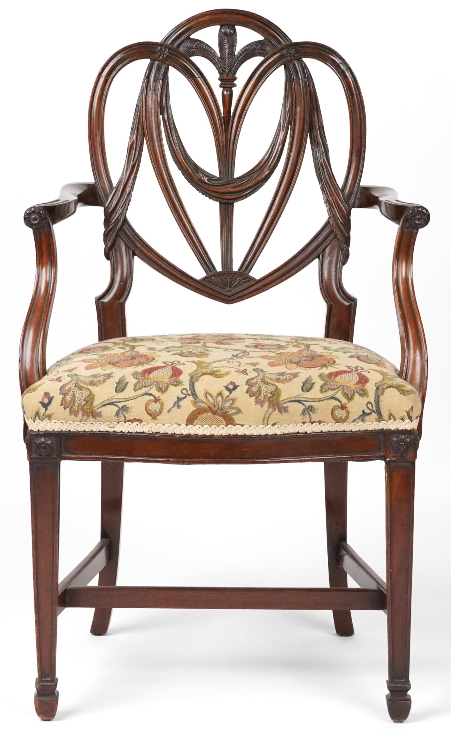 Victorian mahogany open armchair with tapestry upholstered cushioned seat on tapering legs, 98cm - Image 2 of 4