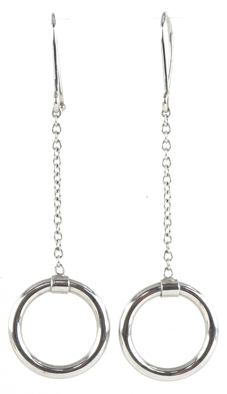 Pair of 9ct white gold hoop and chain drop earrings, each 5.5cm high, total 1.0g
