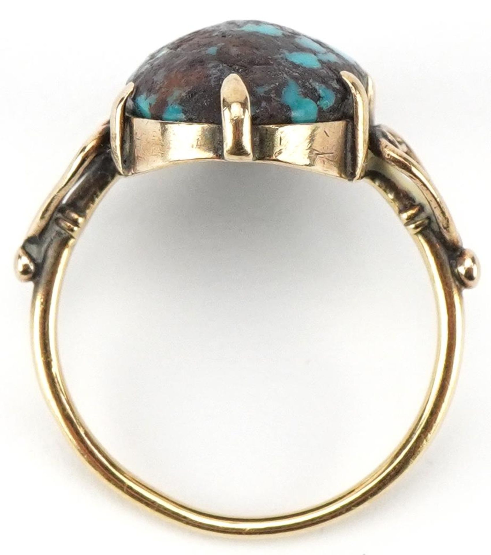 Antique unmarked gold cabochon matrix turquoise ring with love heart shoulders, tests as 15ct - Image 3 of 3