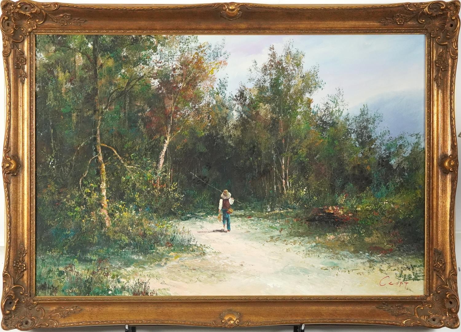 Figure on path through woodland, Impressionist oil on canvas, bearing an indistinct signature, - Image 2 of 4