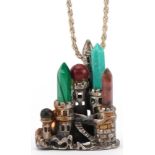Unmarked silver multi gem pendant in the form of a castle, on silver necklace, 3.5cm high and 60cm