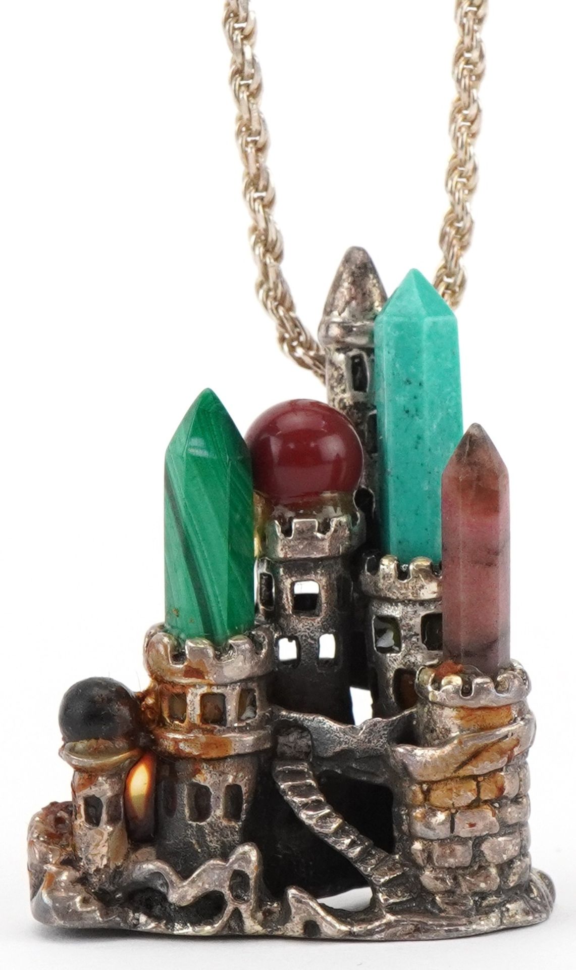 Unmarked silver multi gem pendant in the form of a castle, on silver necklace, 3.5cm high and 60cm