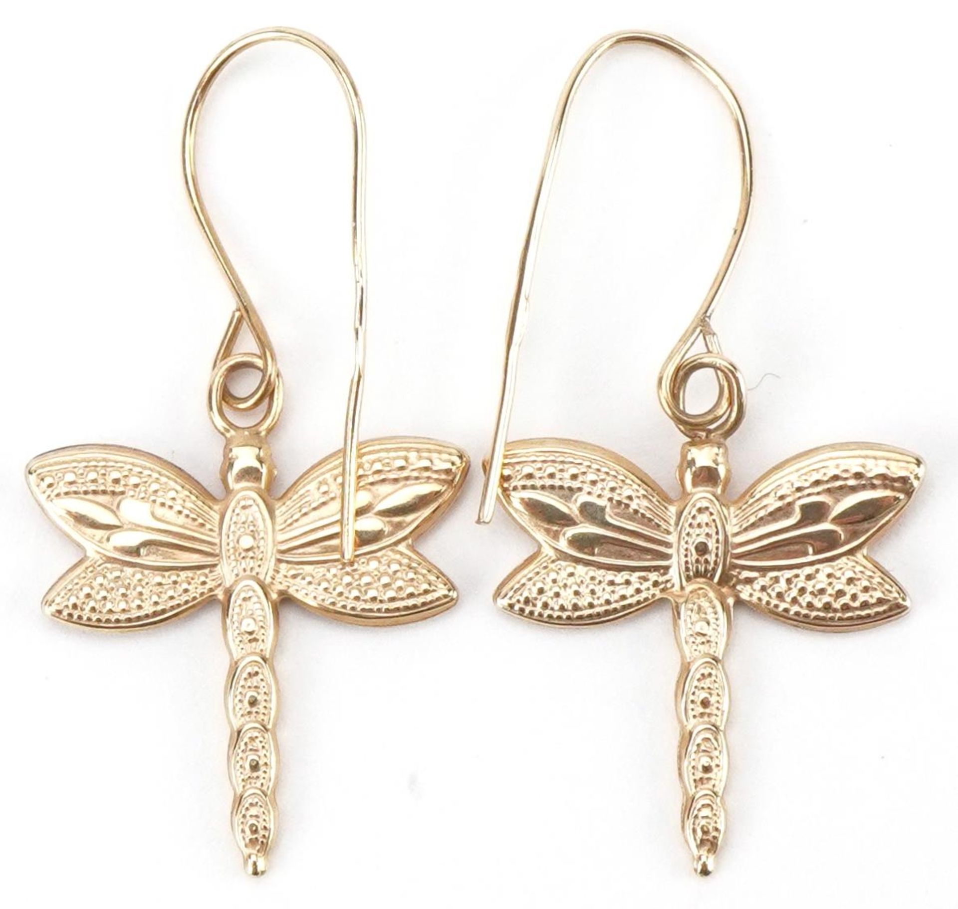 Pair of 9ct three tone gold dragonfly drop earrings, each 2.6cm high, total 0.5g - Bild 2 aus 2