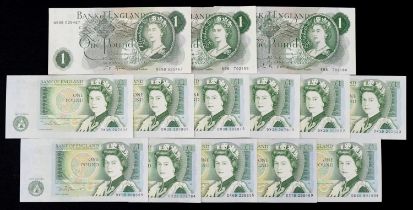 Fourteen Bank of England one pound banknotes, various cashiers