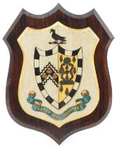 Vintage hand painted oak shield with crest Labor Ipse Voluptas, 38cm x 28cm