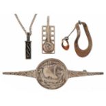 Silver jewellery including a Scottish silver brooch cast with a Viking longboat, Modernist pendant