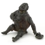 Victorian theatrical interest bronze and carved wood inkwell of Falstaff with appreciation plaque