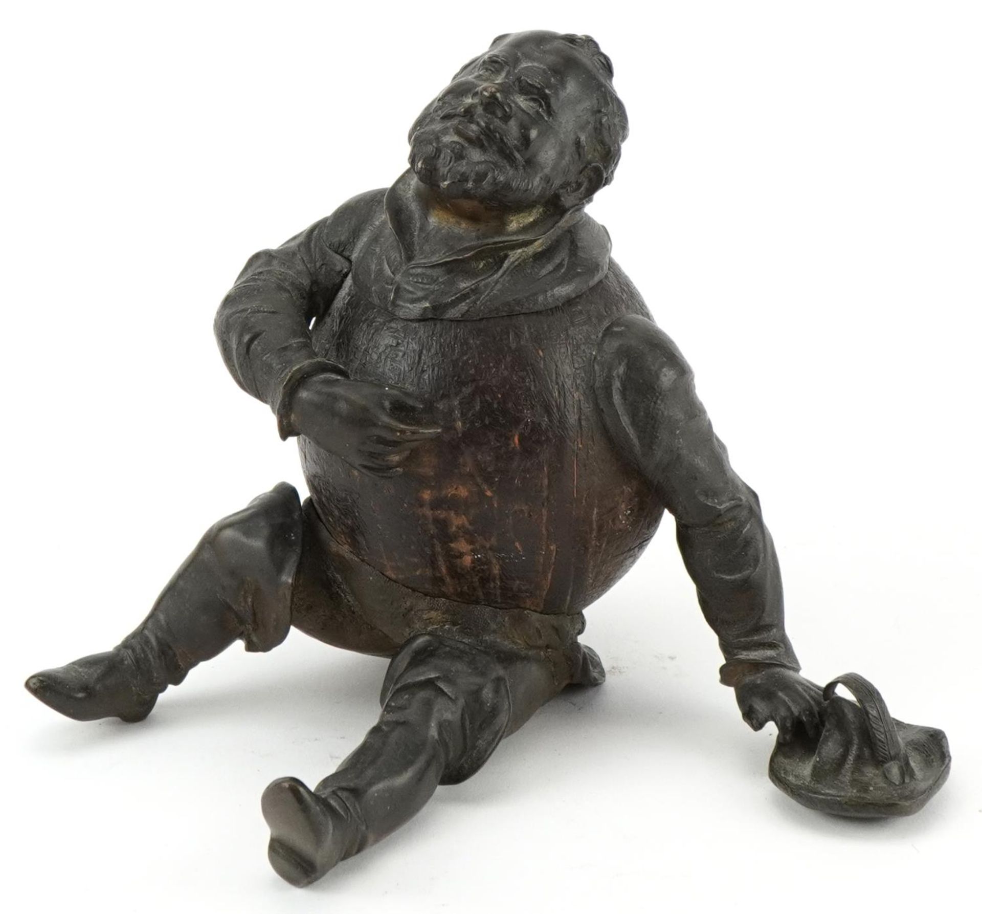 Victorian theatrical interest bronze and carved wood inkwell of Falstaff with appreciation plaque