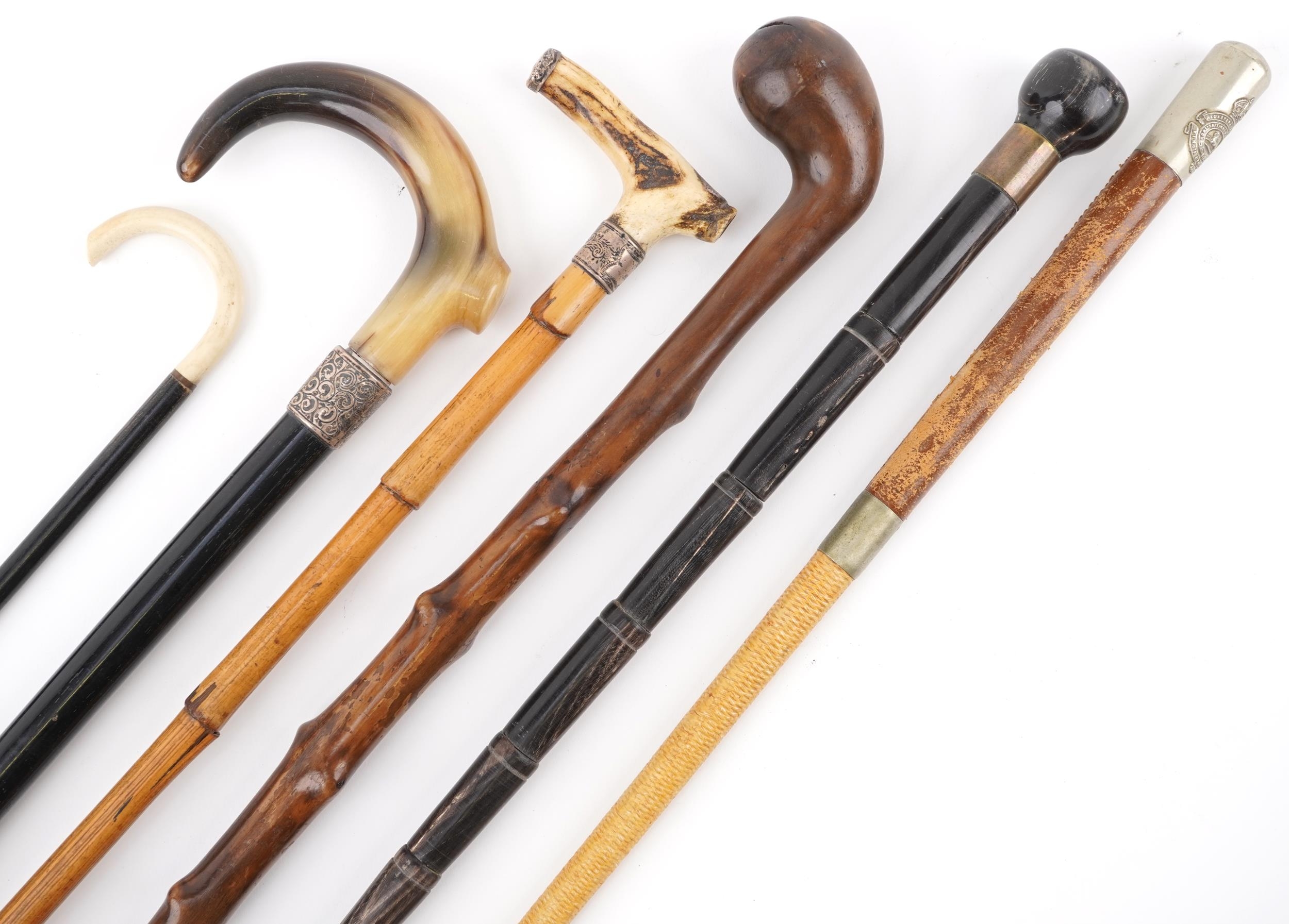 Five walking sticks to include including a gnarled wood club style, two horn handled, possibly