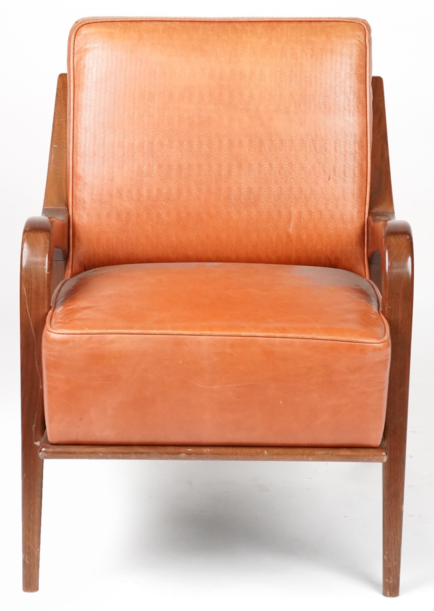 Scandinavian design hardwood lounge chair having tan upholstered back and seat, 86cm H x 62.5cm W - Image 2 of 4
