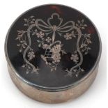 Levi & Salaman, silver and tortoiseshell pique work circular box and cover, indistinct Birmingham