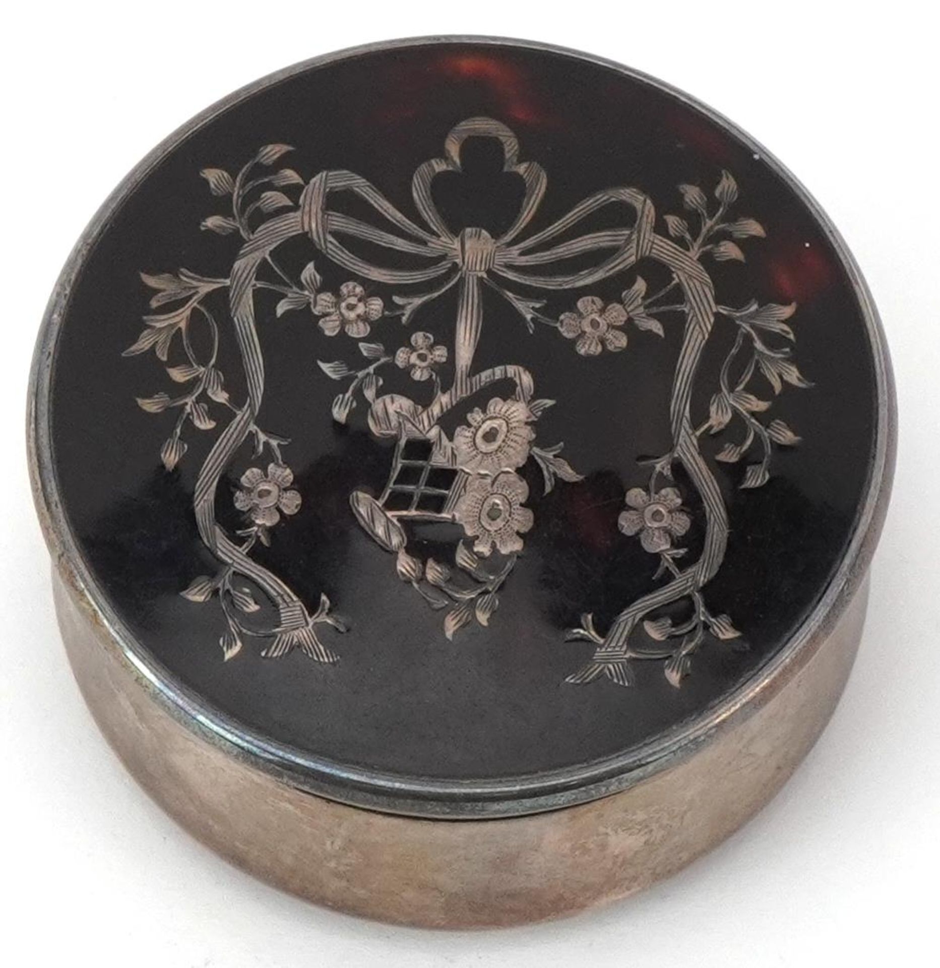 Levi & Salaman, silver and tortoiseshell pique work circular box and cover, indistinct Birmingham