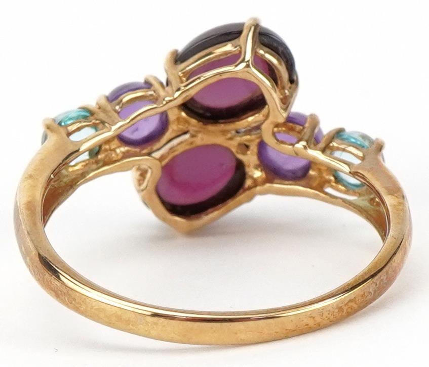 9ct gold multi gem crossover ring set with garnets, amethysts and aquamarine, size T, 3.2g - Image 2 of 5