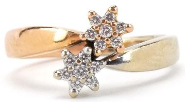 18ct two tone gold diamond double star crossover ring, size J, 4.6g