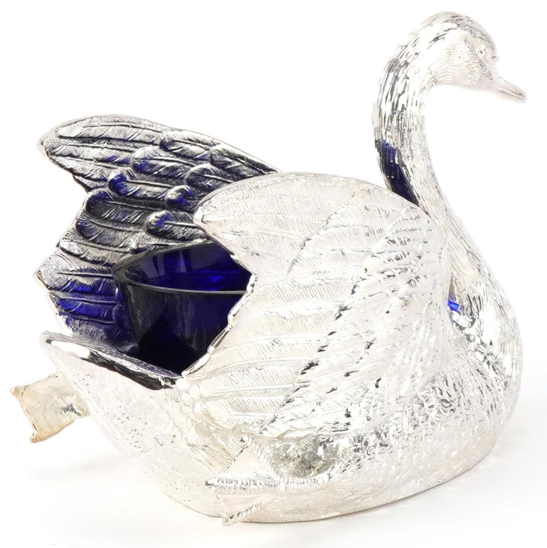 Large silver plated table salt in the form of a swan with blue glass liner, 20.5cm in length - Bild 2 aus 4