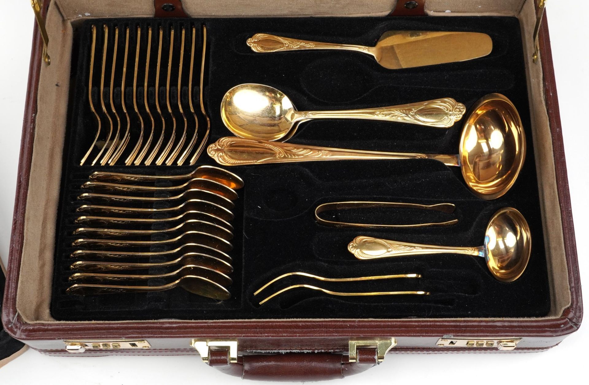 German SBS canteen of gold plated cutlery housed in a brown leather brief case, 45.5cm wide - Image 3 of 8