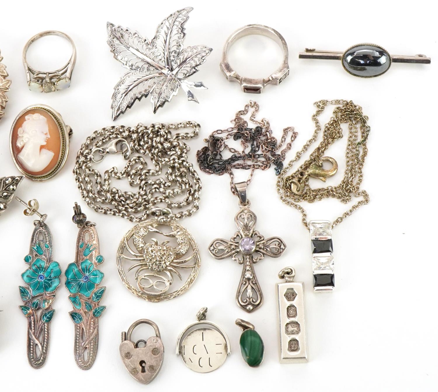 Silver jewellery including marcasite brooches, pair of scorpion earrings, I Love You spinner charm - Image 3 of 4