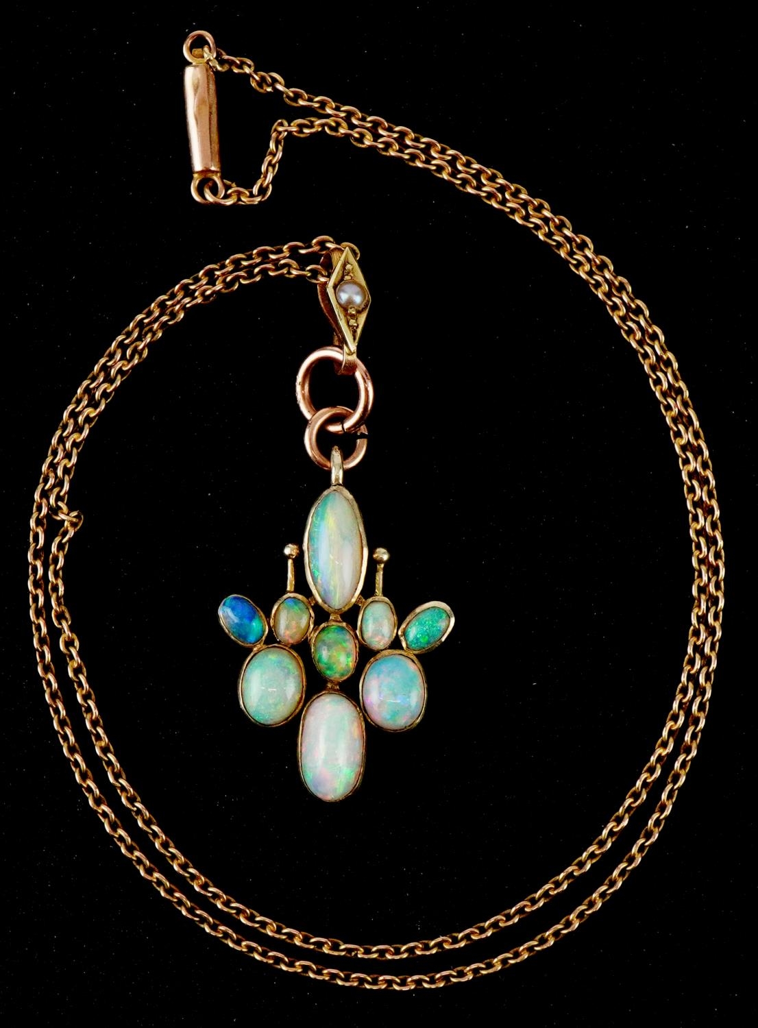 Unmarked gold cabochon opal cluster pendant on a 9ct gold necklace, 4.5cm high and 40cm in length, - Image 2 of 3