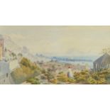 Female looking out over a Mediterranean harbour, 19th century watercolour, mounted, framed and