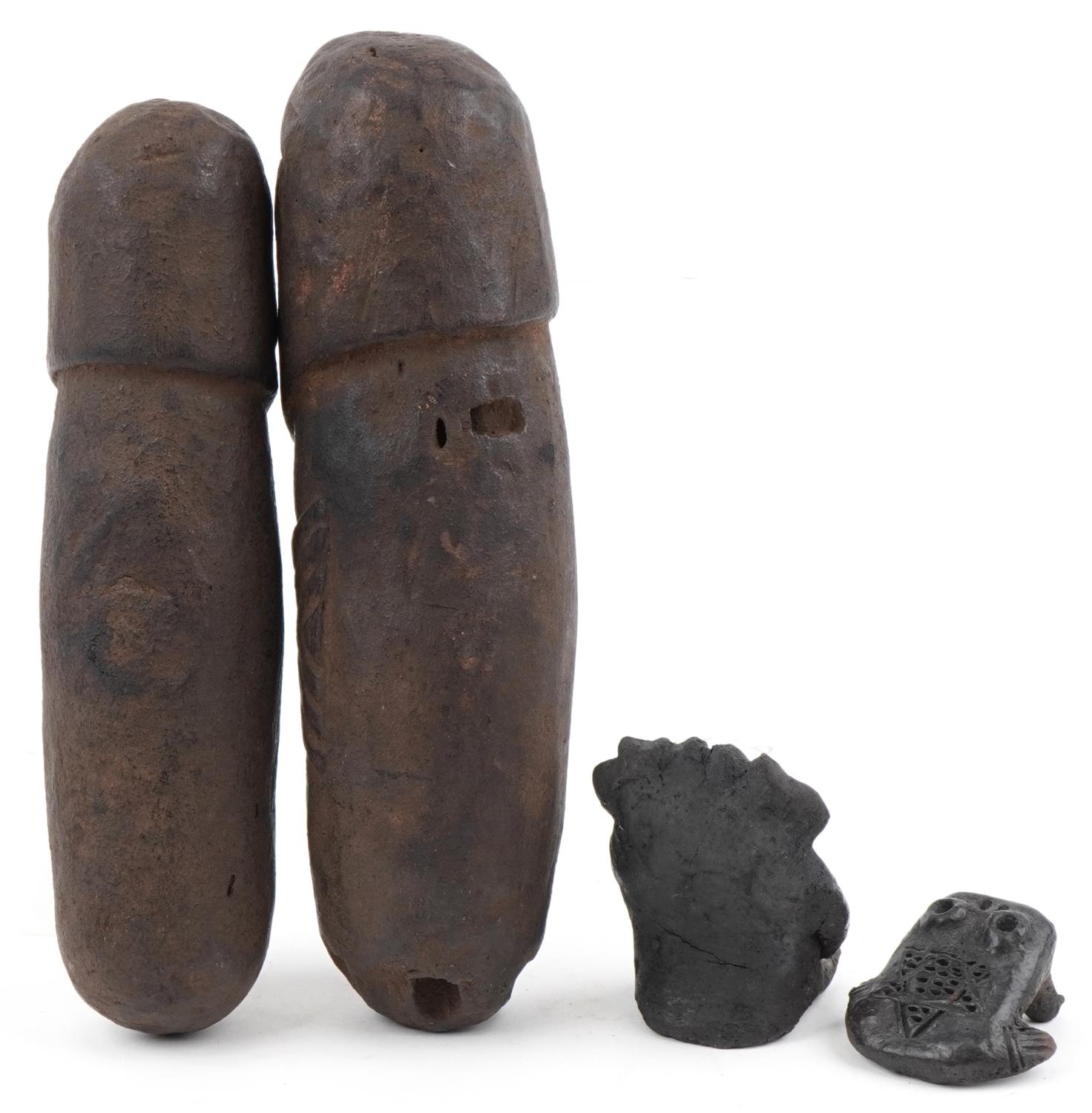 Native American Pre Columbian artefacts including two phallus figures, the largest 26.5cm in length - Image 4 of 5