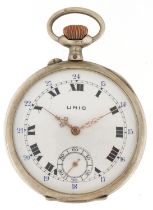 Unic, French Art Deco open face keyless pocket watch having enamelled and subsidiary dials with