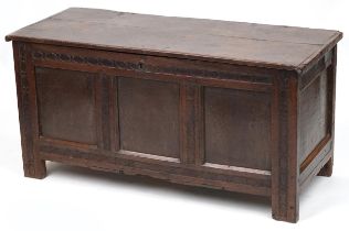 17th/18th century oak three panel coffer with carved borders, 59cm H x 118cm W x 51cm D