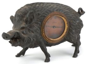 Spelter desk clock in the form of a wild boar with Kaiser movement, 20cm wide