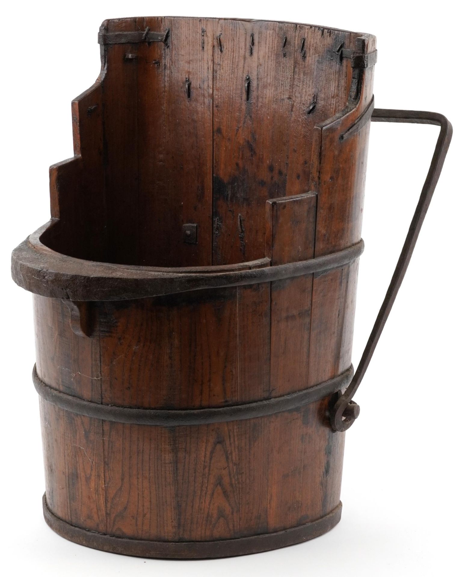 Chinese elm water carrier with iron mounts, 62.5cm high
