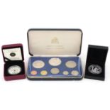 Silver proof and proof coins with cases including 1974 Coinage of Barbados by The Franklin Mint,