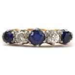 18ct gold diamond and sapphire five stone ring, each diamond approximately 3.0mm in diameter, the