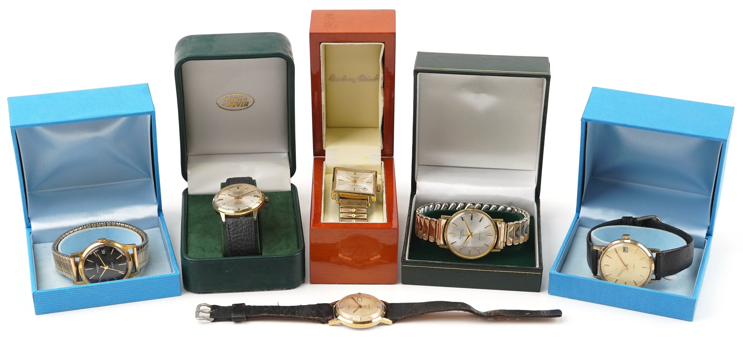 Six vintage gentlemen's wristwatches comprising Regency, Sekonda, Ingersoll, Rone, Tegrov and Timex,