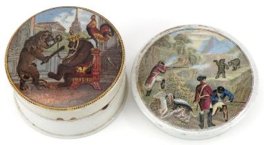 Victorian Staffordshire bear pot lid and cover together with a hunting bear pot lid, the largest 8cm