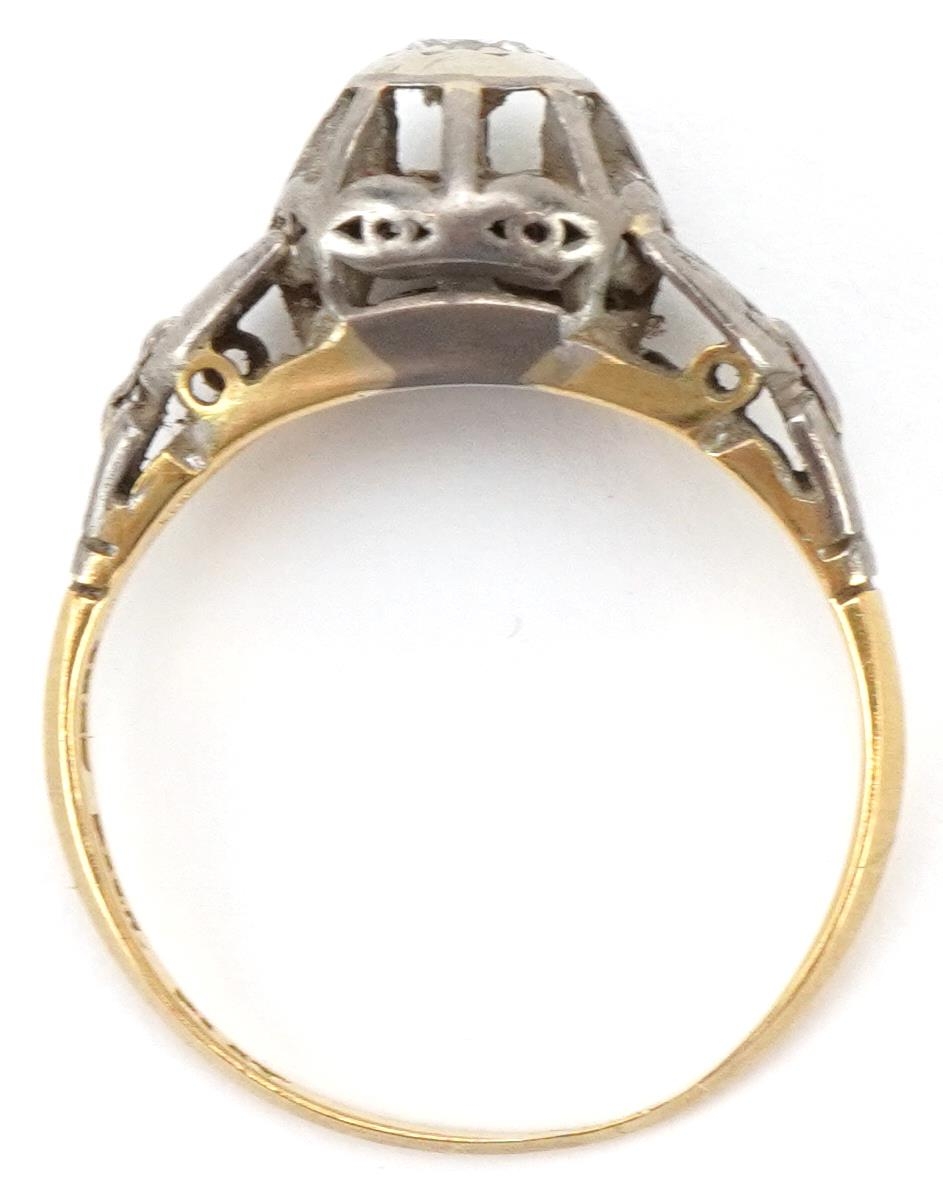 Art Deco 18ct gold and platinum diamond solitaire ring with pierced setting, the diamond - Image 3 of 4