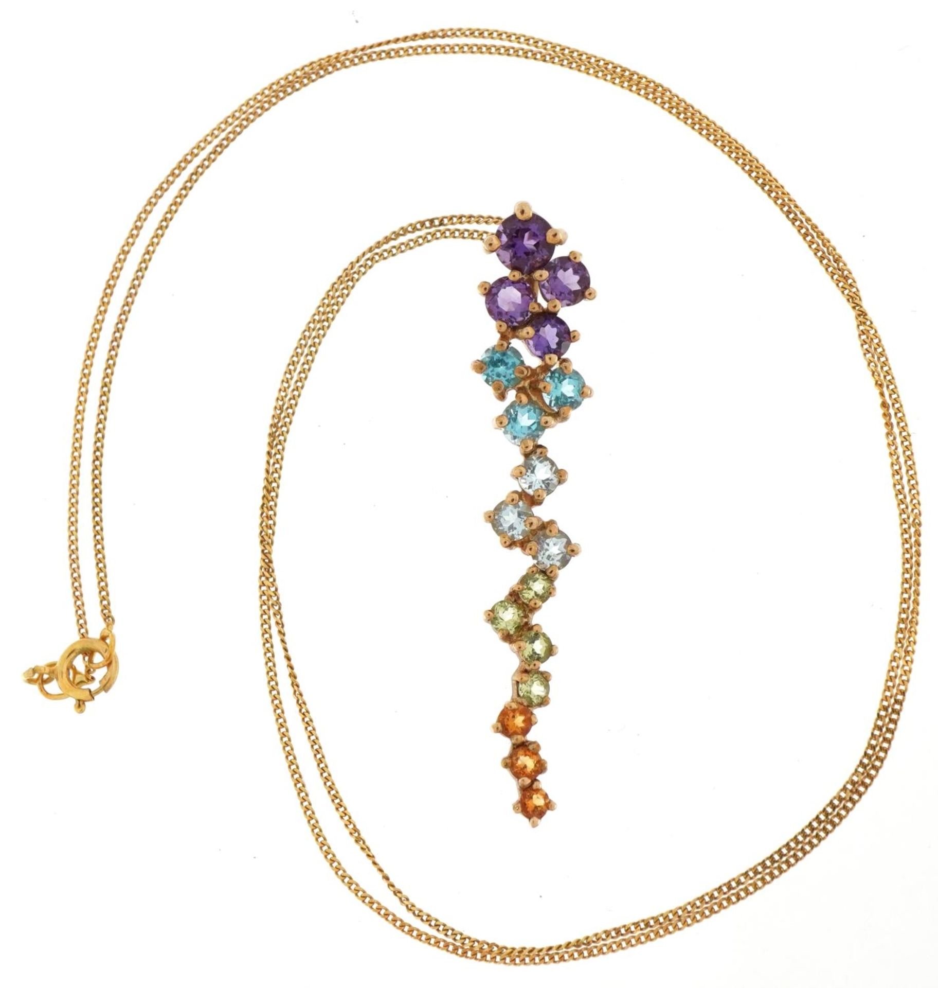 9ct gold multi gem pendant on a 9ct gold necklace, 4cm high and 44cm in length, total 2.4g - Image 2 of 4