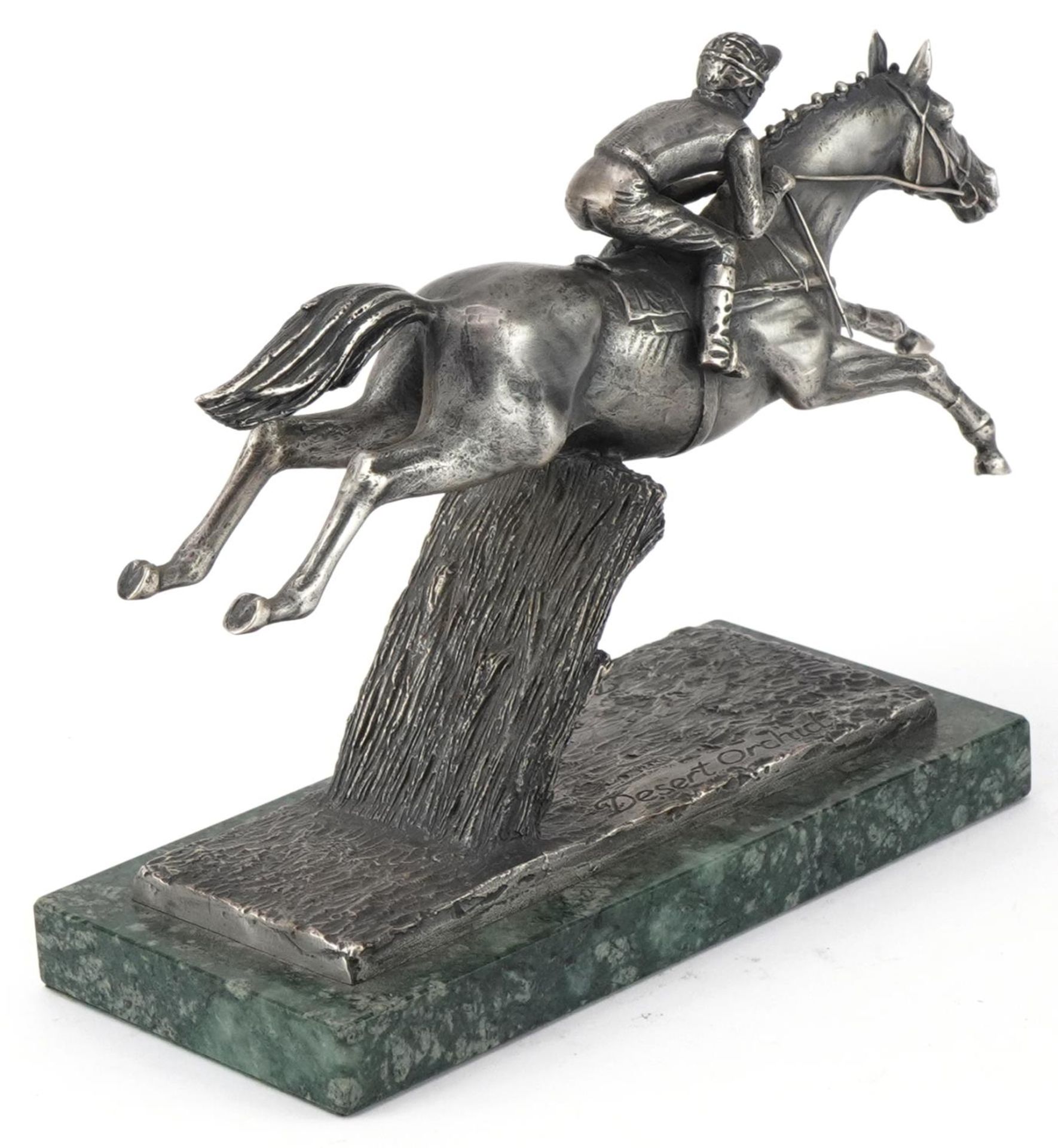 Horseracing interest David Cornell silver coloured metal sculpture on green marble base Grand - Image 3 of 6