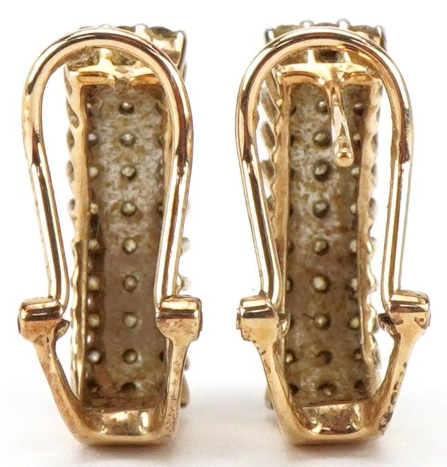 Pair of 9ct gold diamond three row half hoop earrings, each 1.7cm high, total 3.0g - Image 2 of 2