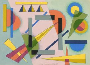 Manner of John Sennhauser - Geometric composition, mixed media crayon, gouache and watercolour on