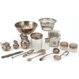 Georgian and later silver including miniature Jersey cream cans, sugar tongs, silver lidded glass