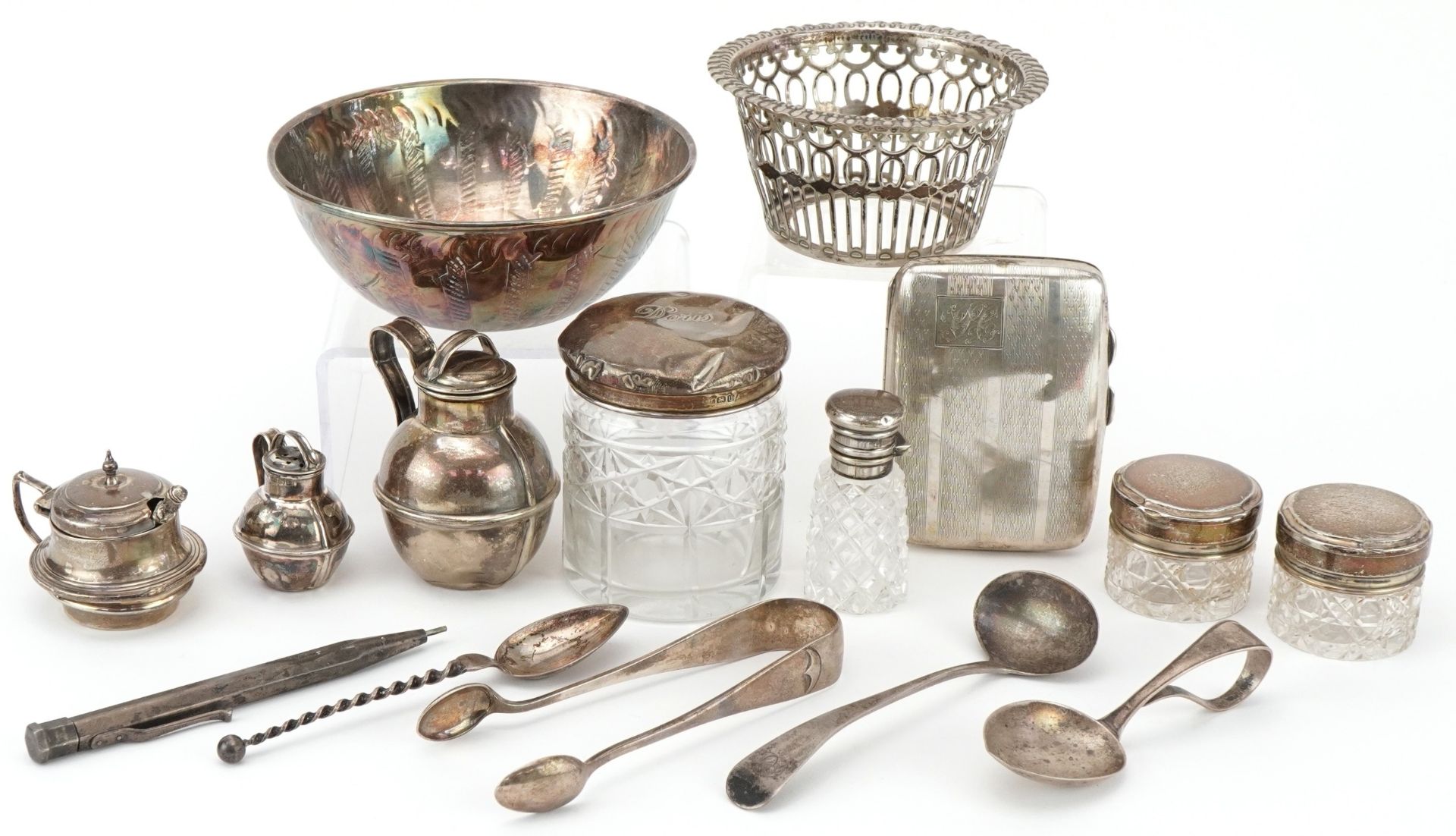 Georgian and later silver including miniature Jersey cream cans, sugar tongs, silver lidded glass