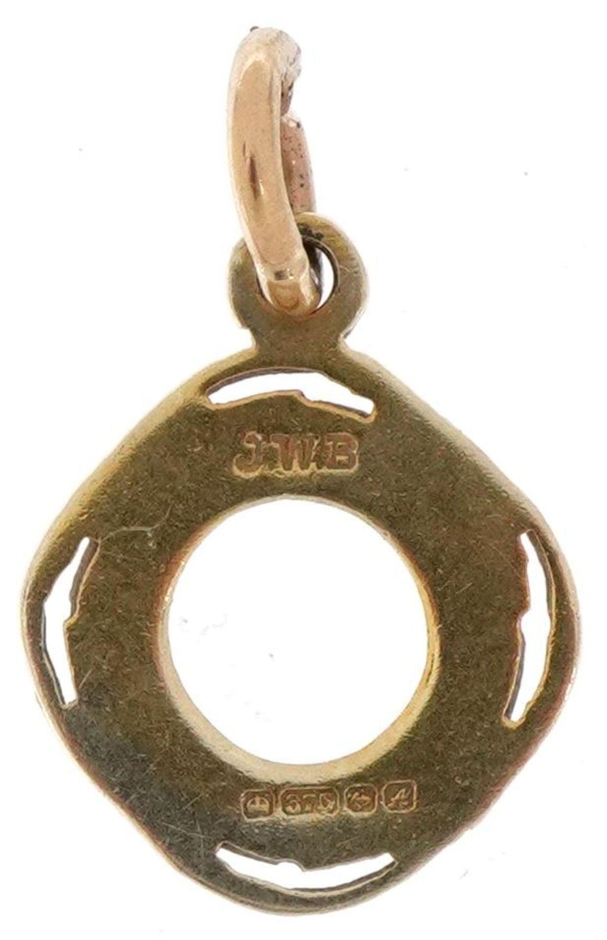 9ct gold and enamel charm in the form of a lifebuoy, 1.4cm high, 1.2g - Image 2 of 3